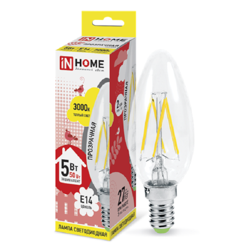 Лампа светодиодная филамент InHome Deco С37 Свеча CL 5Вт 230В Е14 450Лм 3000К  картинка 